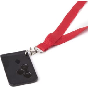 A red neck lanyard with a black cardholder attached, featuring a logo.