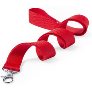 A red neck lanyard with a metal attachment clip, featuring a simple woven design.