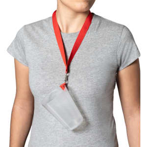 A clear drink bottle hangs from a red neck lanyard, worn around a person's neck.