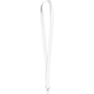 A white neck lanyard with a metal clip attachment, suitable for holding ID cards or badges.