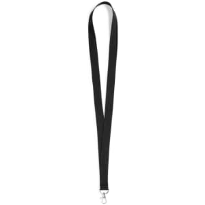 A black neck lanyard featuring a silver clip for attaching items. It has a simple, sleek design.