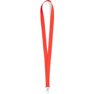 A red neck lanyard with a metal clip attachment, suitable for carrying ID badges or other items.