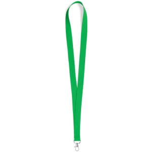 A green neck lanyard with a clip attachment, suitable for events and exhibitions.