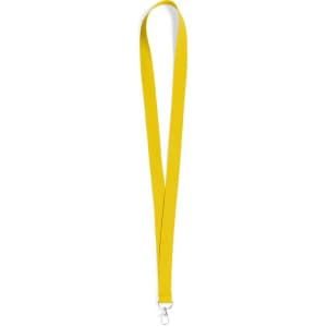 A yellow neck lanyard with a clip at the end. It features a simple, smooth design.