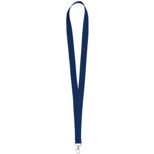 A navy blue neck lanyard with a metal clasp, designed for holding items securely.