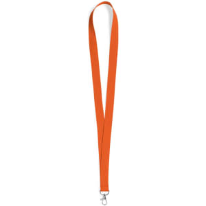 An orange neck lanyard with a metal clip at the end, featuring a smooth, flat design.