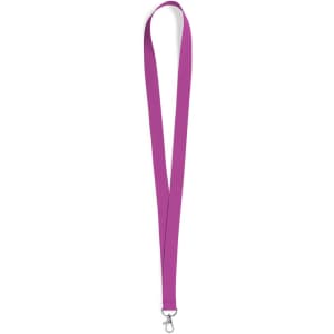 A pink neck lanyard with a metal clasp at the end, suitable for holding badges or keys.