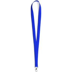 A blue neck lanyard featuring a clip at one end. It has a smooth, flat design and includes branding.