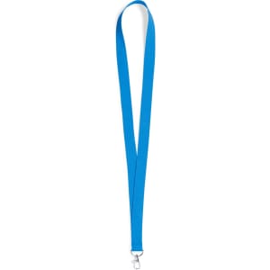A blue neck lanyard with a clip at the end, designed for holding items securely.