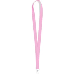 A pink neck lanyard with a clip at one end and a smooth, flat design.