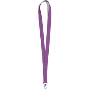 A purple neck lanyard with a silver clip at the end, ideal for holding badges or keycards.