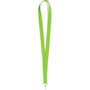 A bright green neck lanyard featuring a clip for attachment. It has a smooth, flat design.