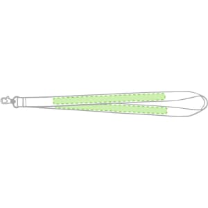 A neck lanyard in black with green reflective stripes and a silver clip at one end. Features a logo design.