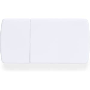 A white pillbox with a simple rectangular design and a logo on the surface.