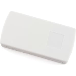 A white pillbox with a rectangular shape and a small section on top. It features a subtle branding logo.