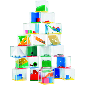 A tower of transparent boxes filled with colourful shapes and marbles, featuring red, blue, green, and orange elements.