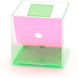 A transparent cube with a pink interior and green base, featuring a small white dot inside. It has a logo.