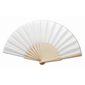 A hand fan with a white pleated fabric and a light wooden frame, featuring a simple design.