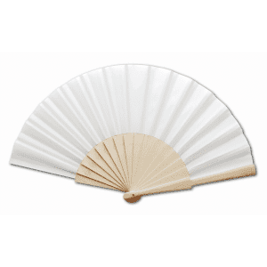 A white hand fan with natural wooden ribs and a round wooden knob. It features a simple, elegant design.