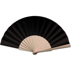 A black and cream Folklore Hand Fan with a decorative design and a sturdy handle.