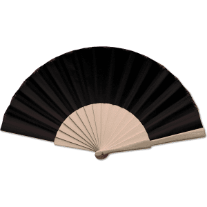 A decorative hand fan featuring a black fabric design and a light-coloured handle, with a simple rounded end.
