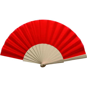 A red hand fan with a beige handle, featuring a pleated design and a smooth finish.
