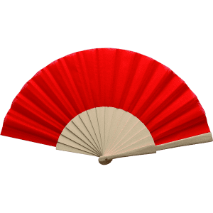 A red and beige hand fan with a pleated design and a wooden base. It features a simple, elegant style and has branding.