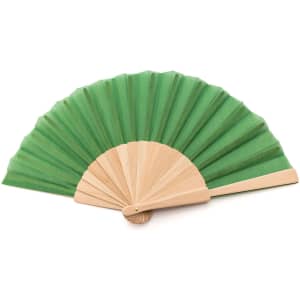 A green hand fan with pleated fabric and a light wooden frame, featuring a simple design.