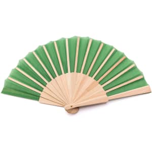 A green hand fan with wooden ribs, featuring a sweeping, pleated design.