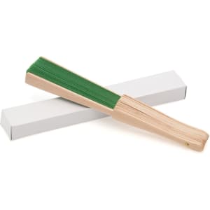 A folklore hand fan with a light wooden handle and vibrant green fabric, displayed in a white box.