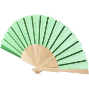 A green and light green hand fan with a wooden frame, featuring decorative alternating stripes.