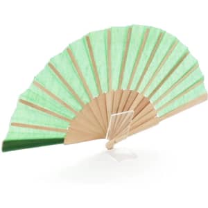 A green folklore hand fan with a wooden frame, displayed on a clear stand.