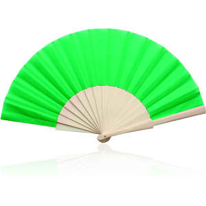 A green hand fan with a light-coloured handle, featuring a traditional fold design.
