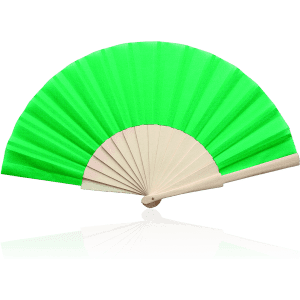 A green hand fan with a white handle, featuring a pleated design and reflective surface beneath.