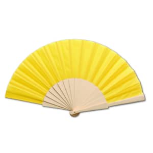 A yellow hand fan with a wooden handle and multiple pleats. It features a simple yet elegant design.