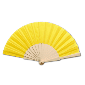 A yellow hand fan with a wooden frame, featuring pleated fabric and a round tip, ideal for keeping cool.
