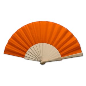 An orange hand fan with a wooden frame, elegantly fanned open, showcasing a vibrant design.