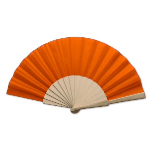 An orange hand fan with pleated fabric and a light-coloured handle, featuring a simple design and branding.