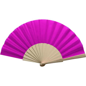 A pink hand fan with a light wooden frame, featuring pleated fabric and a rounded wooden tip.