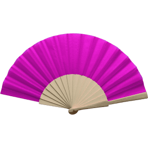 A hand fan with a vibrant magenta fabric and a beige handle, featuring a pleated design.
