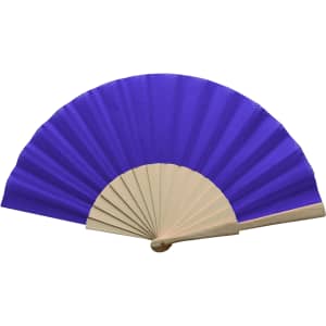 A purple hand fan with a beige handle, featuring a classic folded design. It has a simple logo on the handle.