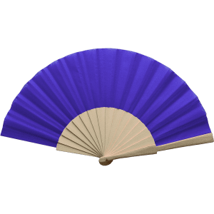 A blue Folklore Hand Fan with a beige wooden handle, featuring a pleated design.