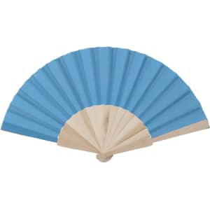 A folded fan with a light wood frame and bright blue fabric, featuring a textured design. It includes a logo.