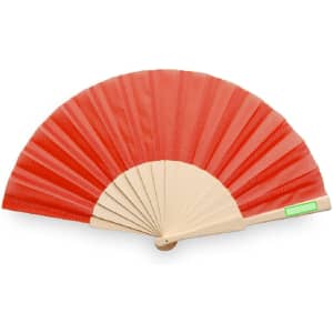 A hand fan with red fabric and a wooden handle, featuring a simple design and a branding logo.