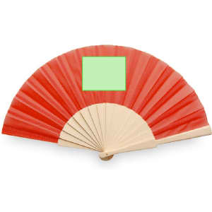 A red handheld fan with a wooden frame and a green blank section for custom designs.