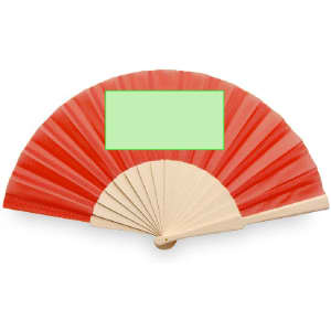 A red hand fan with a wooden frame and an empty green space in the centre for personalisation.