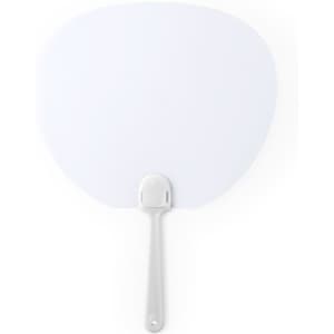 A large, flat white promotional fan with a white handle, designed for events and exhibitions.