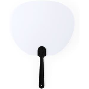 A large white hand fan with a black plastic handle, suitable for events and promotions.
