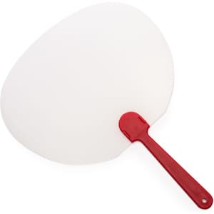 A red-handled paddle with a large, white, flat surface, typically used for exhibitions and events.