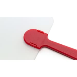 A red spatula with a flexible, white blade, designed for cooking and baking. It features a round handle.